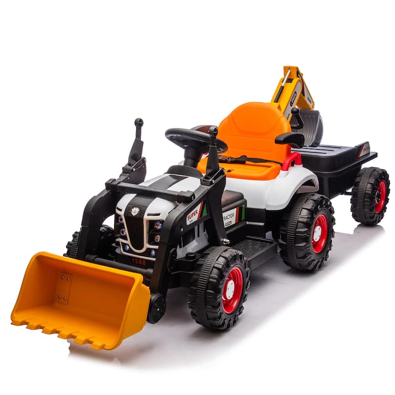 24V Kids Electric Ride-On Tractor for Ages 3+, 4-in-1 Attachments with Remote Control & Music - Orange