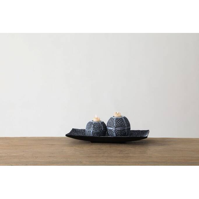 3 pc Quilted Black Textured Polyresin Candle Holder with Tray Set