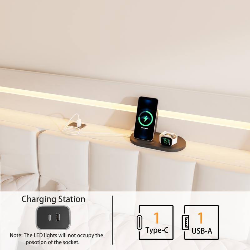 Full Size Floating Upholstered Platform Bed with LED Light and Charging Station