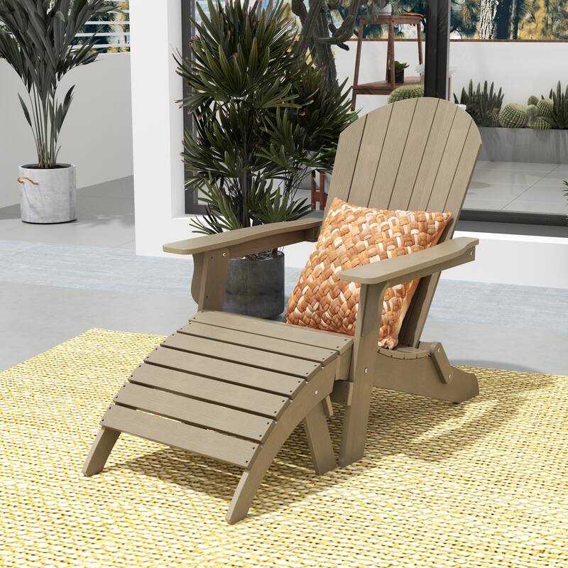 Vineyard HIPS Outdoor Folding Eco-Friendly All Weather Seashell Adirondack Chair with Ottoman (2-Piece Set) - Taupe