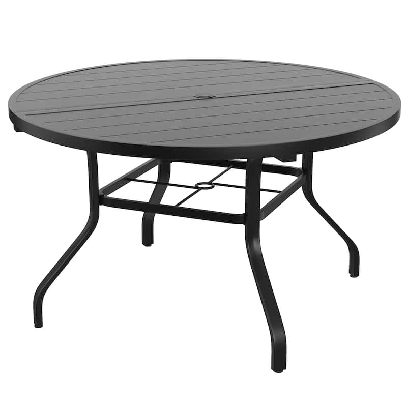Round Outdoor Patio Dining Table, 47" Round Patio Table Wood-Like Grain with 1.57" Umbrella Hole, Metal Outdoor Dining Tables