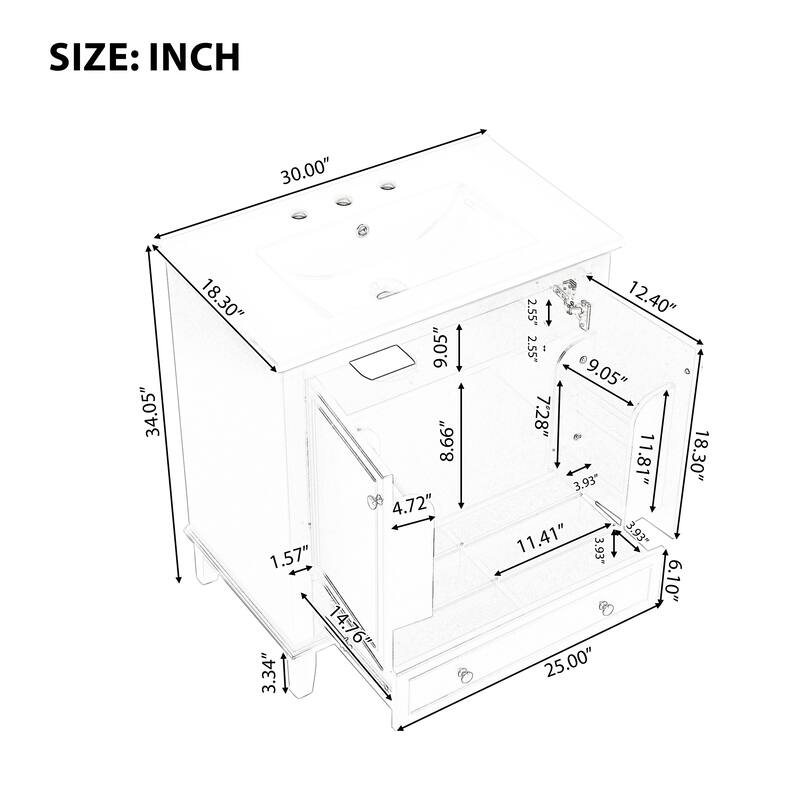 30 Inch Bathroom Vanity with Ceramic Sink, Solid Wood Freestanding Vanity Cabinet with Doors and Drawer, Modern Bath Storage
