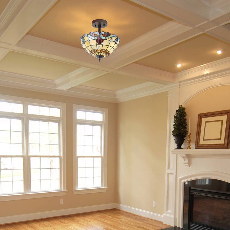 Mila River of Goods Red/Amber/Blue Stained Glass Bowl Shade 13-Inch Ceiling Light - 12.5" x 12.5" x 13"