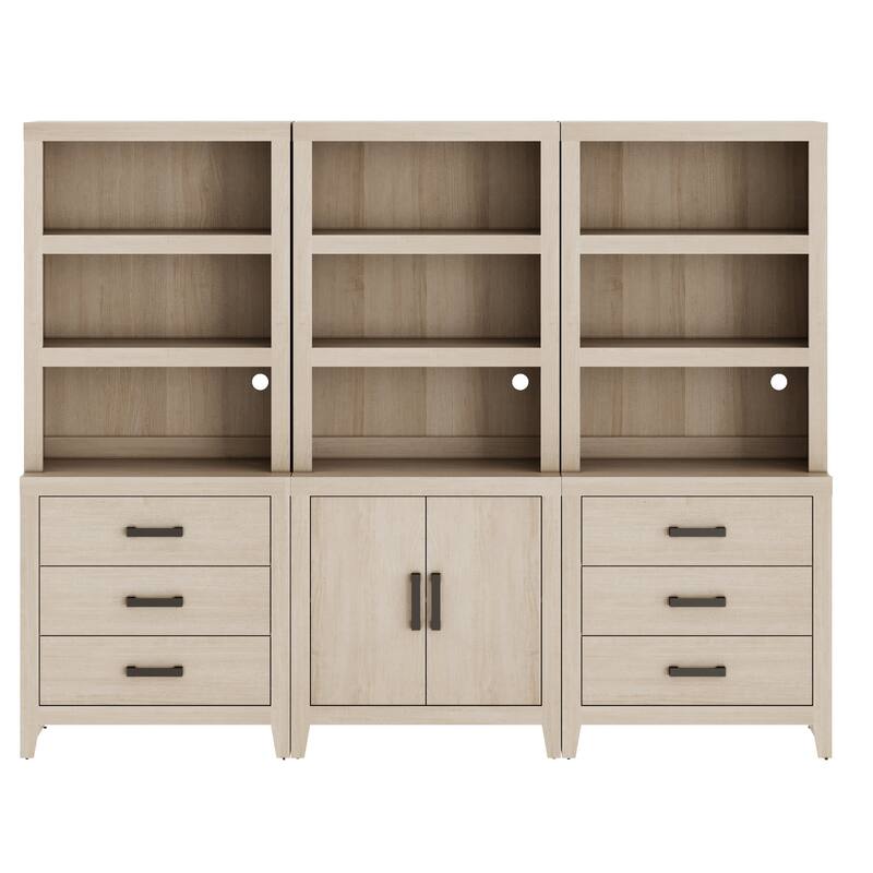 WAMPAT 74" 3-Piece Tall Bookshelf, Farmhouse Bookcase with Doors & Drawers for Living Room & Office