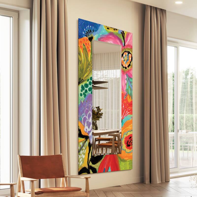 "Secret Garden Floral II" 72"x36" Colorful Rectangular Beveled Leaner Mirror on Free Floating Reverse Printed Tempered Art Glass