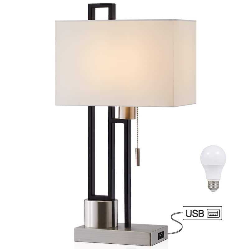 21" Matte Black/Brushed Nickel Table Lamp with USB Port and White Linen Shade， 9.5W LED Bulb Included - 21" H