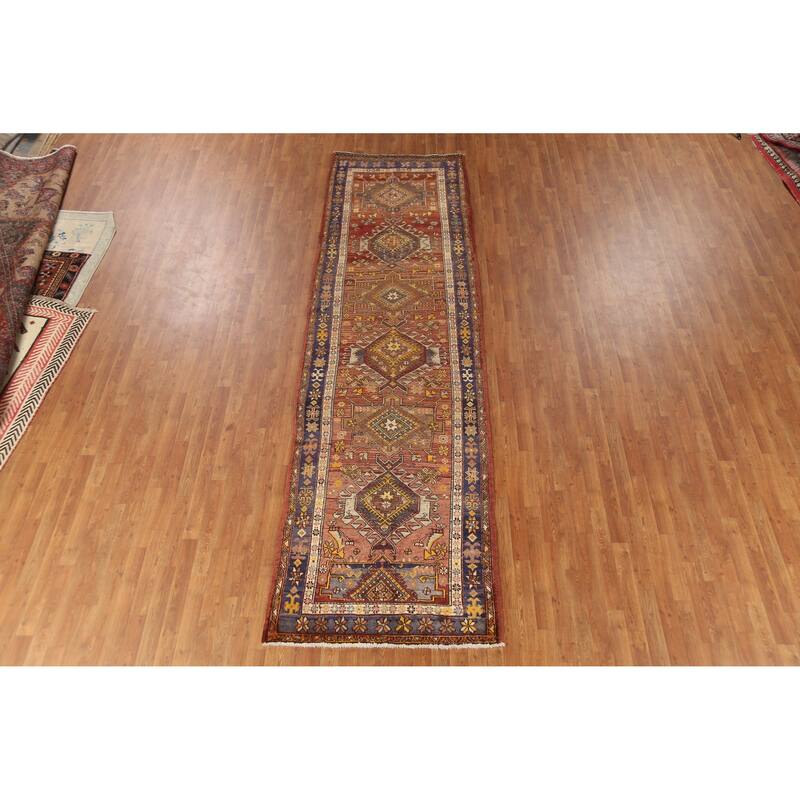 Hand Knotted Oriental 100% Wool Carpet Traditional Geometric Oranges & Rust Heriz Runner Rug - 12' 11'' X 3' 9''
