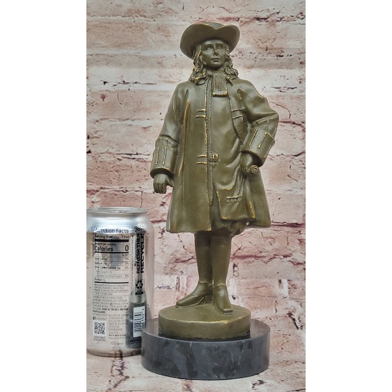 Bronze Historical Figure William Penn Statue With Hat On Marble Base Home Decor