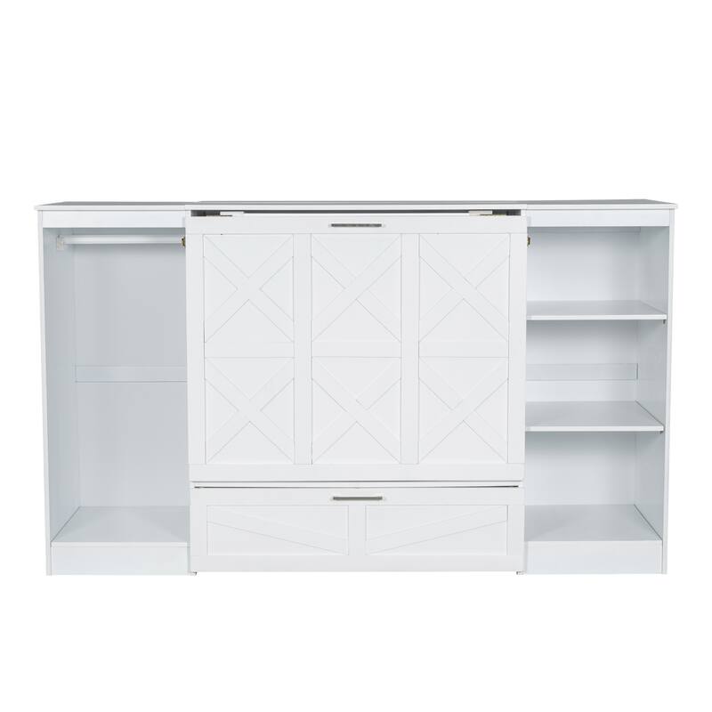 Roomfitters Twin Murphy Bed with Side Wardrobe, Open Shelves and Fold-Out Sleeping Space, White