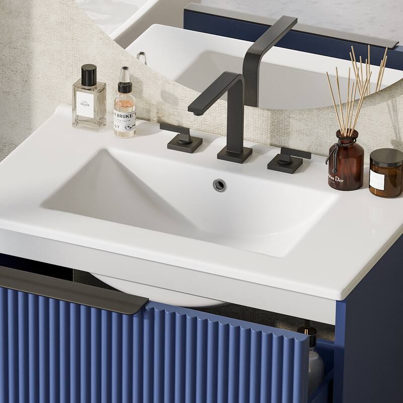 Vertical Grooves Bathroom Cabinet Storage Vanity with Ceramic Sink, Full-Extension Split Drawers and Soft Close Drawer Slides