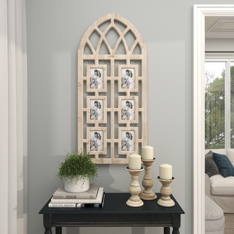 Wooden 6 Slot Wall Photo Frame with Window Arch Shape - Light Brown - Roche River Decor