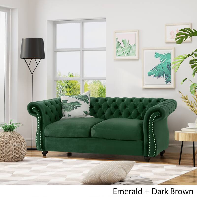 Elegant Chesterfield Loveseat Sofa with Velvet Upholstery, Nailhead Accents, and Rolled Armrests, for Living Room Bedroom