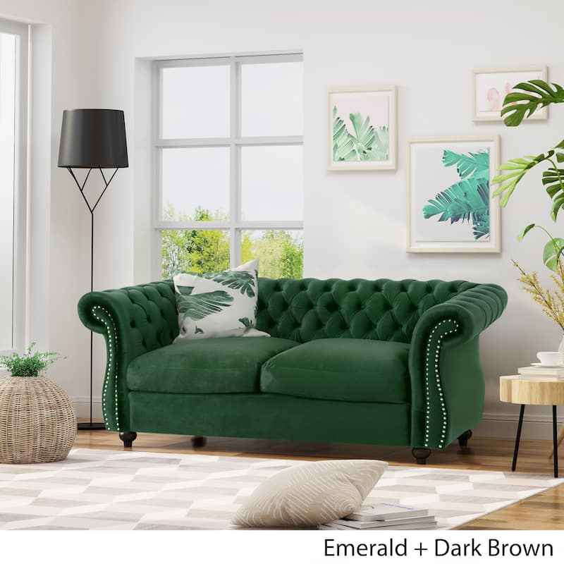 Emerald Velvet Loveseat Sofa with Chesterfield Style