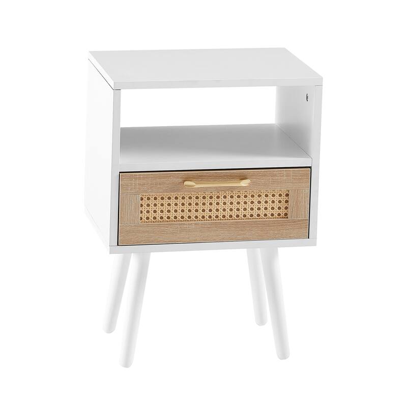 Rattan End Table Modern Black 15.7" Nightstand with Drawer and Solid Wood Legs, Bedroom Floor Organizer Display Cabinets
