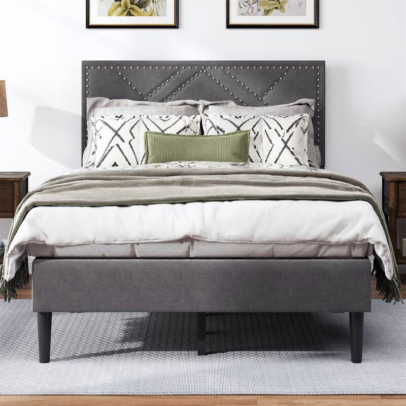 Full/Queen Linen Bed Frame with Storage Headboard,No Noise - Full
