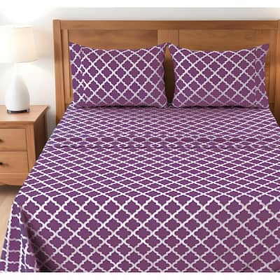 Four Piece Purple and White Quatrefoil Microfiber Full Double Sheet Set