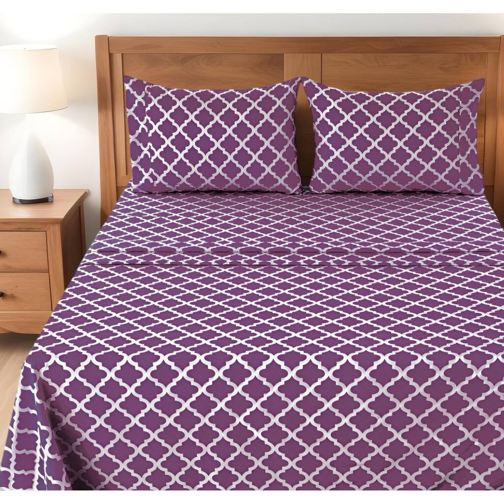 Four Piece Purple and White Quatrefoil Microfiber Full Double Sheet Set