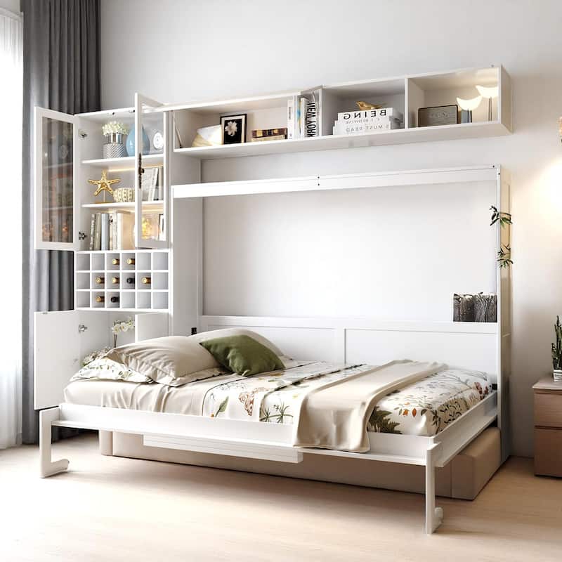 Fold Down Full/Queen Wall Bed with Sofa, USB Charging, Shelves & Built-in Lighting, Space-Saving