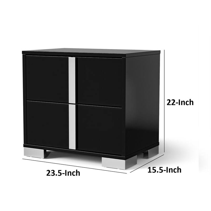 Suni Nightstand, Piano Black Wood with UV Finish, 2 Drawers, 24 Inch