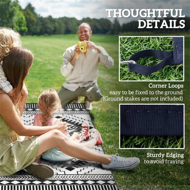 Reversible Outdoor Rug White & Black Toothed Rhombus Pattern, UV-Protected Foldable Polypropylene Mat - 143.7" L x 107.9" W