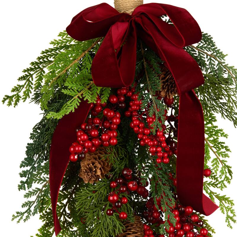 National Tree Company 28 in. Artificial Christmas Joy Teardrop Swag with Red Berries and Bow - 28 in