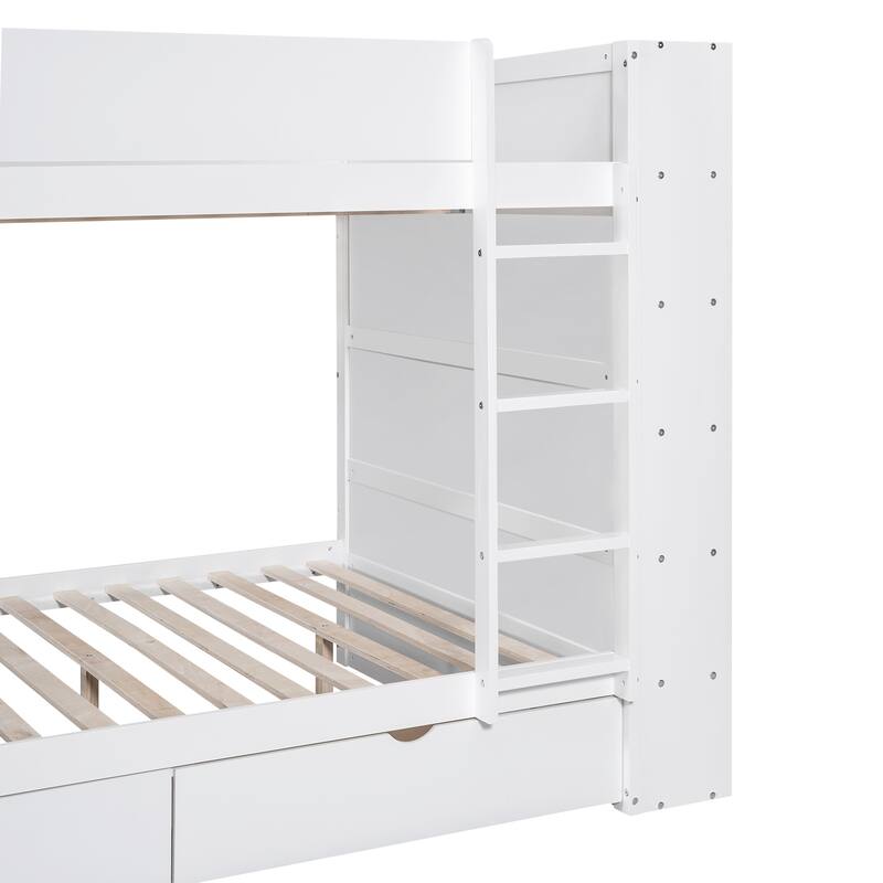 Full over Full Size Bunk Bed with Stairs and Guardrail, Storage Captains Bed with Pull-out Drawers and Bookcase Cabinet Frame