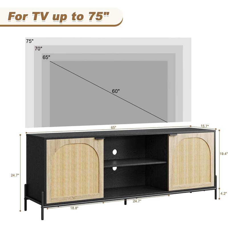 Modern Rattan TV Stand for Living Room, Bedroom, TV Console with Adjustable Shelf for 75 Inch TV - N/A