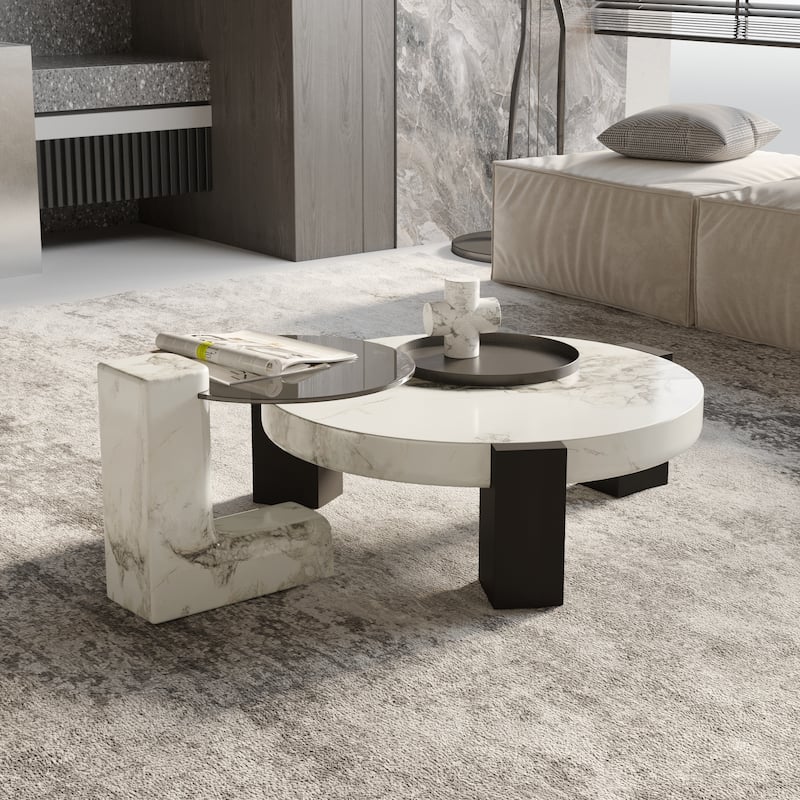 Modern Round Nesting Coffee Table Set of 2 With Glass Top - White&Black
