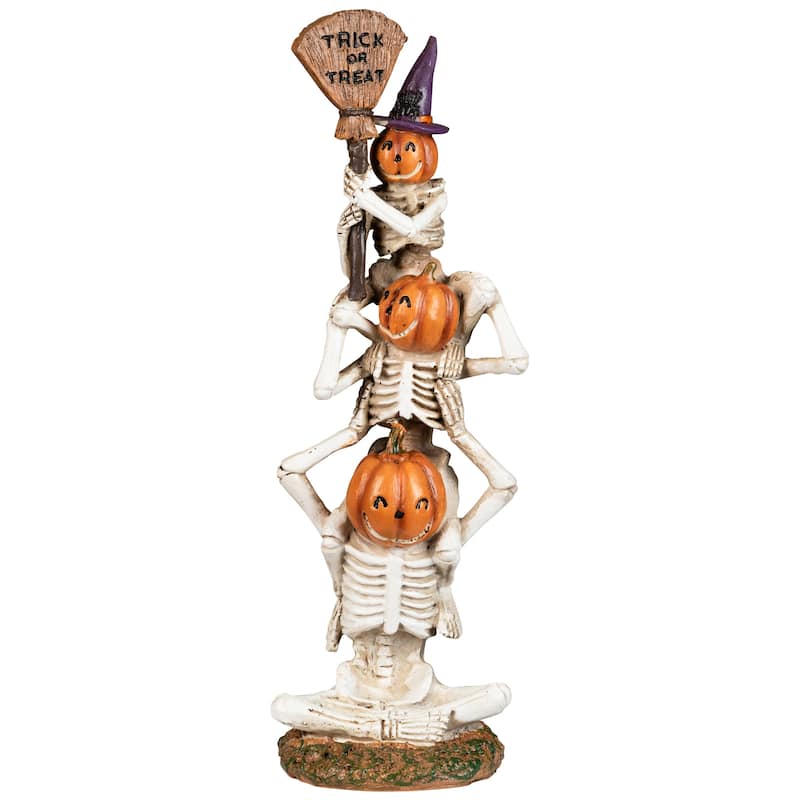 Trio of Stacked Trick or Treat Jack-O-Lantern Skeletons Halloween Decoration - 12.25"