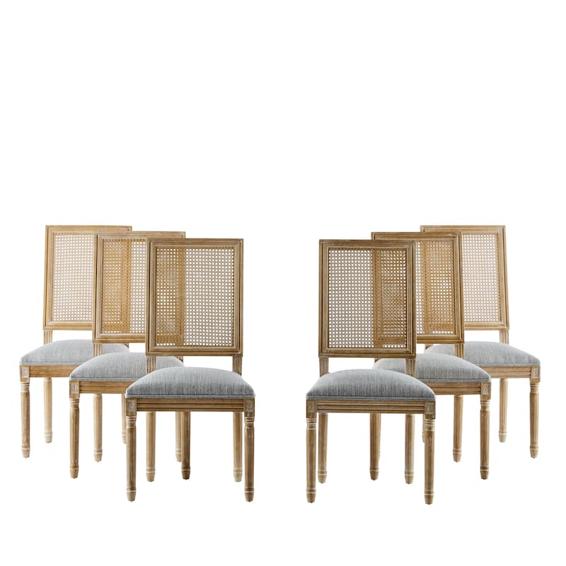 [Set of 6] French Country Dining Chairs-0Elegant Cane Backrest & Upholstered Seats with Fluted Legs- Solid Rubberwood Frame
