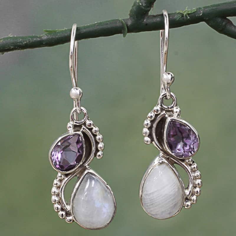 Handmade Amethyst and Rainbow Moonstone Dangle Earrings (India) - 1.4*0.4