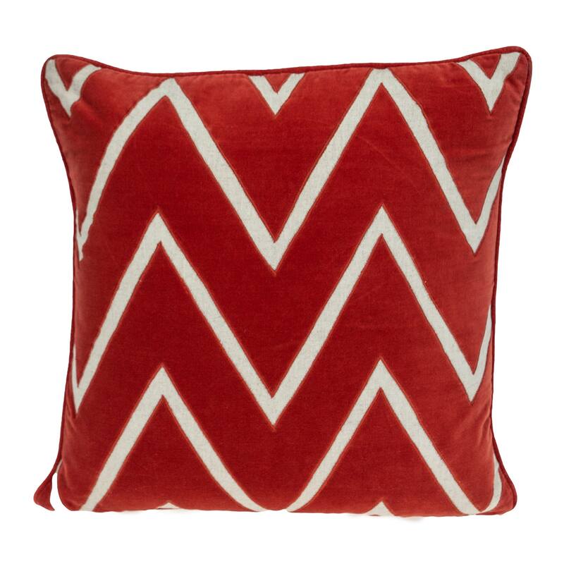 HomeRoots 22" Beige and Red Zigzag Cotton Throw Pillow with Embroidery and Applique