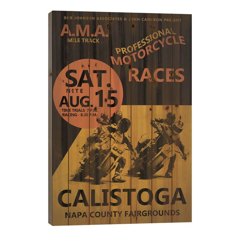 Calistoga Motorcycle Races Print On Wood by Mark Rogan - Multi-Color - 26x18x1.5