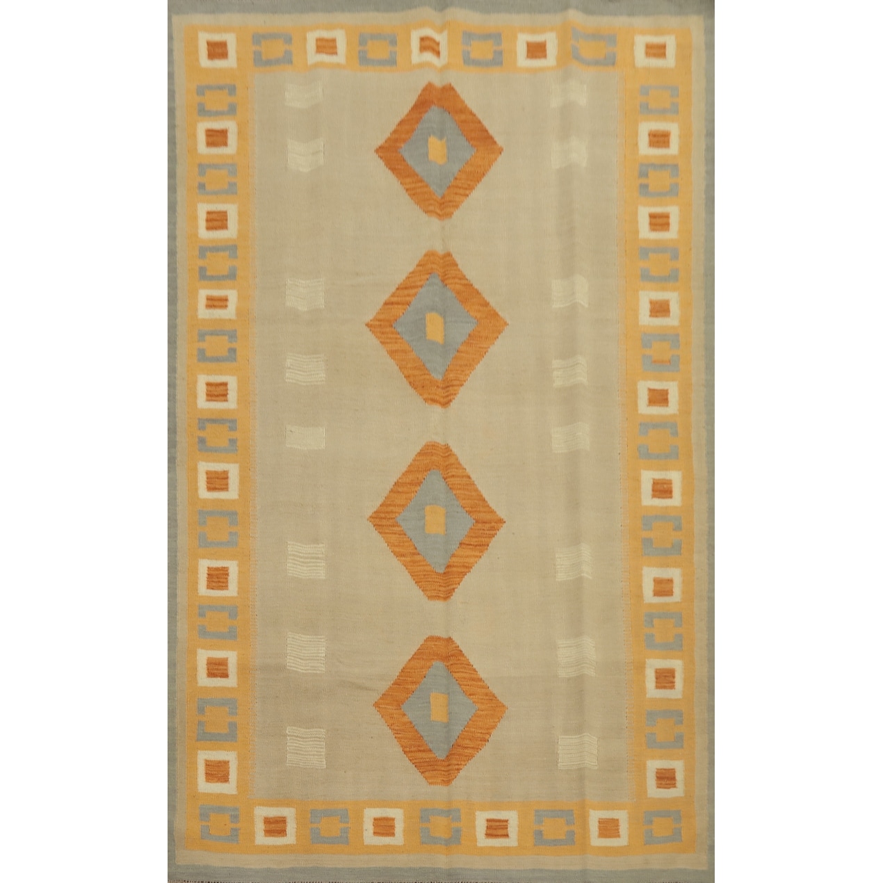 Hand Woven Oriental 100% Wool Carpet Southwestern Tribal Beige & Ivories Kilim Area Rug - 8' 7'' X 5' 9''