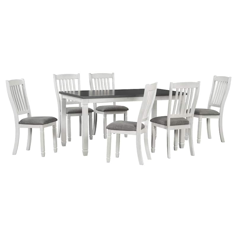 7 Piece Dining Table Set, Wooden Kitchen Furniture Set with Rectangle Table and 6 Upholstered Chairs with Shaped Legs