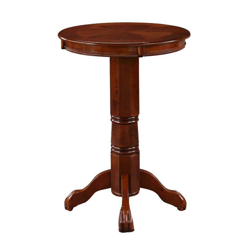Ava 42 Inch Wood Pub Bar Table, Sunburst Design, Carved Pedestal, Dark Brown