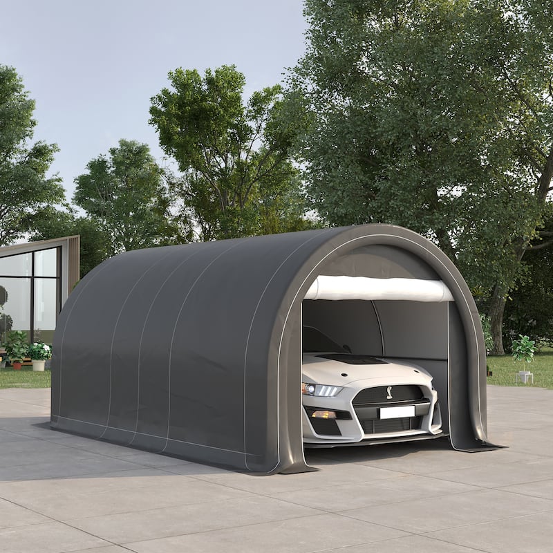 Outsunny 16' x 10' Carport, Heavy Duty Portable Garage / Storage Tent with Large Zippered Door, Anti-UV PE Canopy Cover - Grey