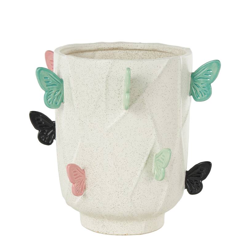 White Ceramic Wide Butterfly Decorative Vase with Multicolor Accents