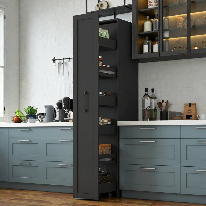 Slim Kitchen Rolling Storage Cart with Wheels and Handle, 6 Tier Narrow Pantry Shelf for Small Spaces - Black