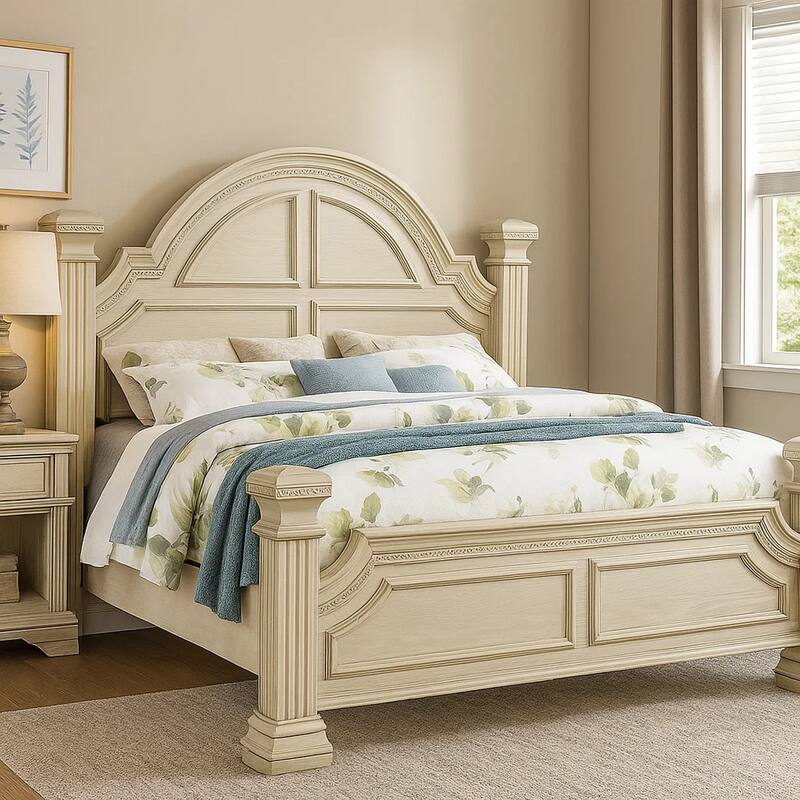 Akia King Bed, Antique White Solid Wood, Reeded Posts, Molded Trim