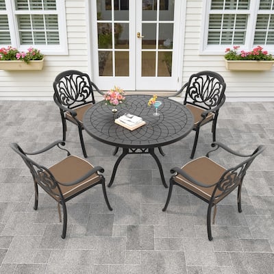 5-Piece Cast Aluminum Outdoor Dining Set with 47.24 in. Round Table and Brown Seat Cushions