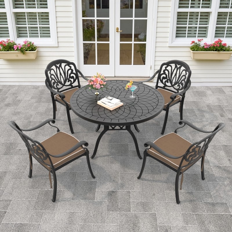 5-Piece Cast Aluminum Outdoor Dining Set with 47.24 in. Round Table and Brown Seat Cushions