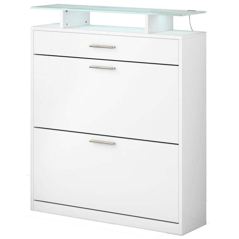 Slim Entryway Organizer with 2 Flip Drawers and LED Light - 9.4"W x 25"H x 35"D - White