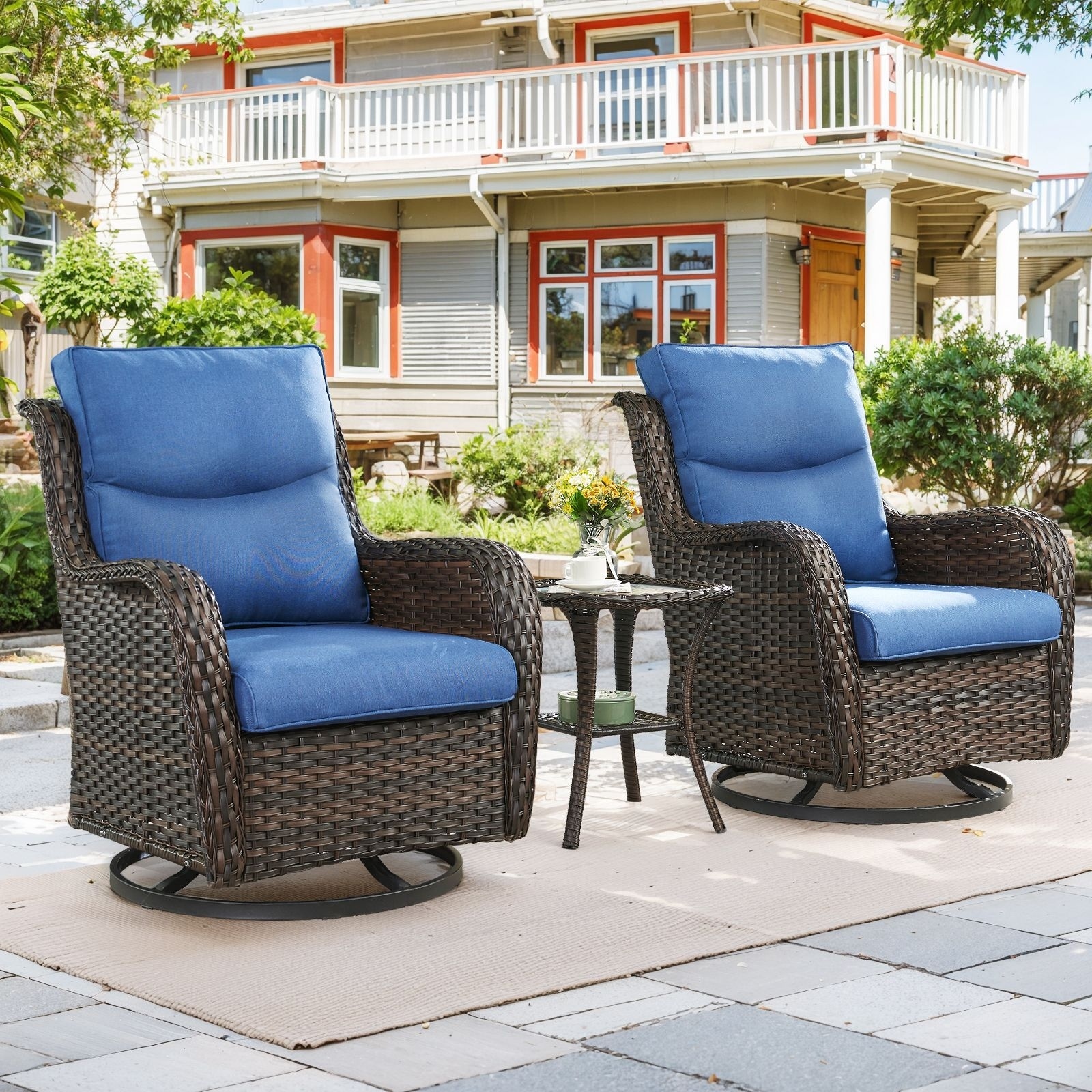 3 Pieces Wicker Swivel Glider Chairs with Side Table- Blue cushion - Brown