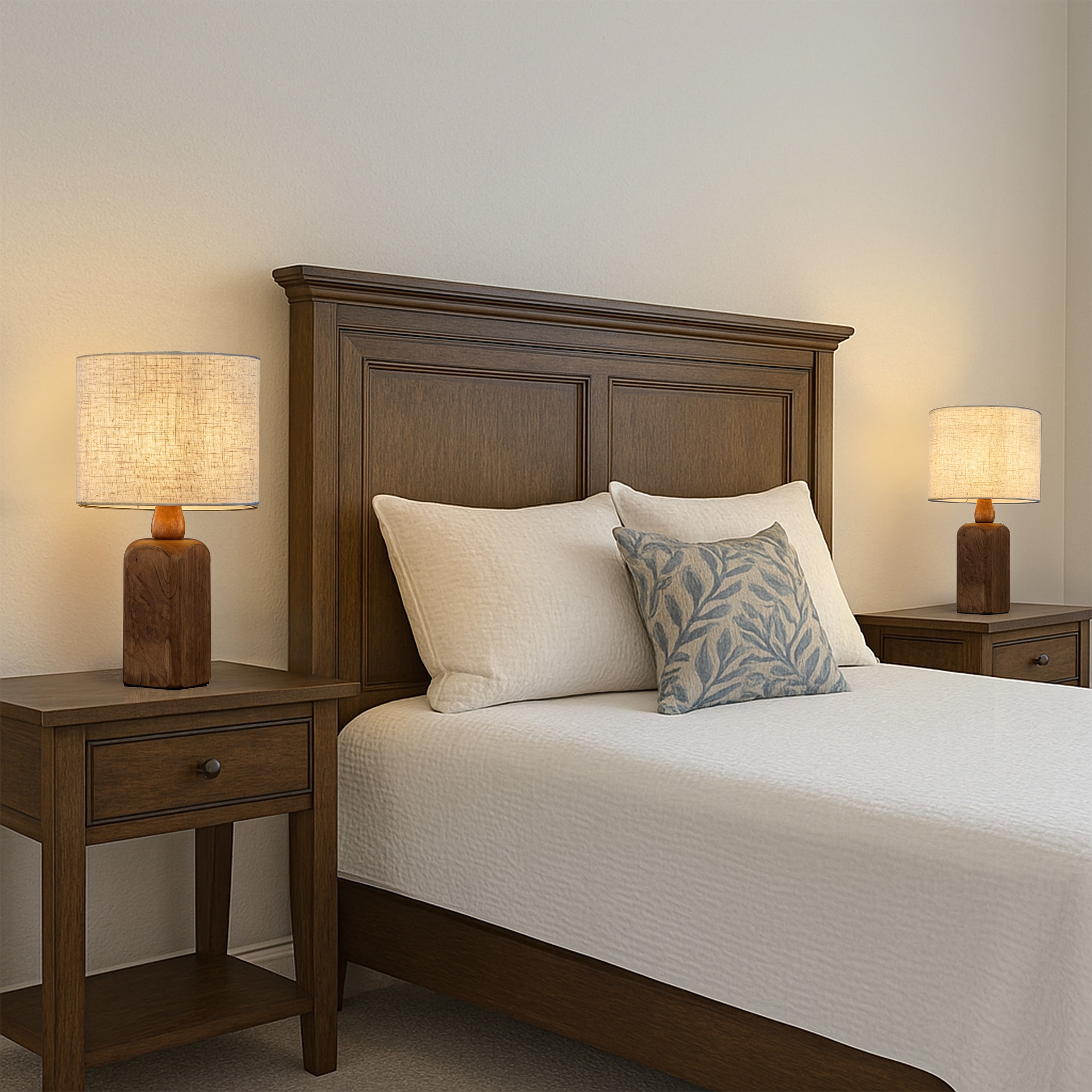 Farmhouse Traditional Natural Brown Solid Wood Base Table Lamp with Beige Fabric Shade for Bedroom Living Room（Set of 2)