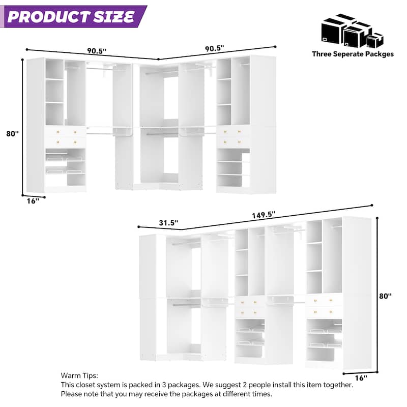 Rackcog Freestanding Corner Closet System Set, Closet Organizer with Hanging Rods and Drawers