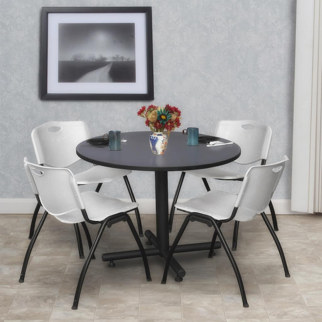 36 in. Round Breakroom Table- Grey & 4 'M' Stack Chairs- Grey