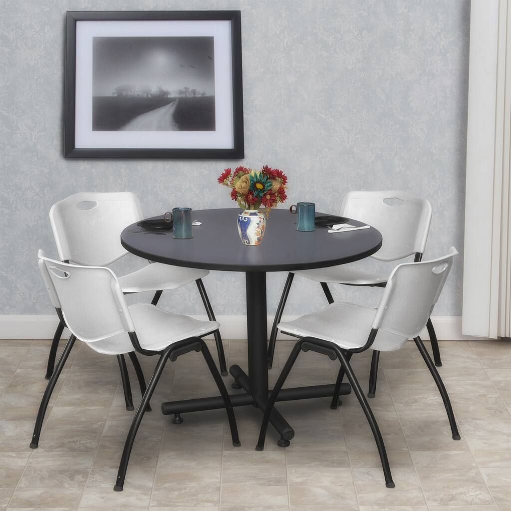 42 in. Round Breakroom Table- Grey & 4 'M' Stack Chairs- Grey