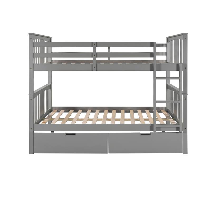 Detachable Bunk Bed Frame, Full Size Wooden Bunk Bed with 2 Drawers and Ladder, Full Over Full Bed Frame