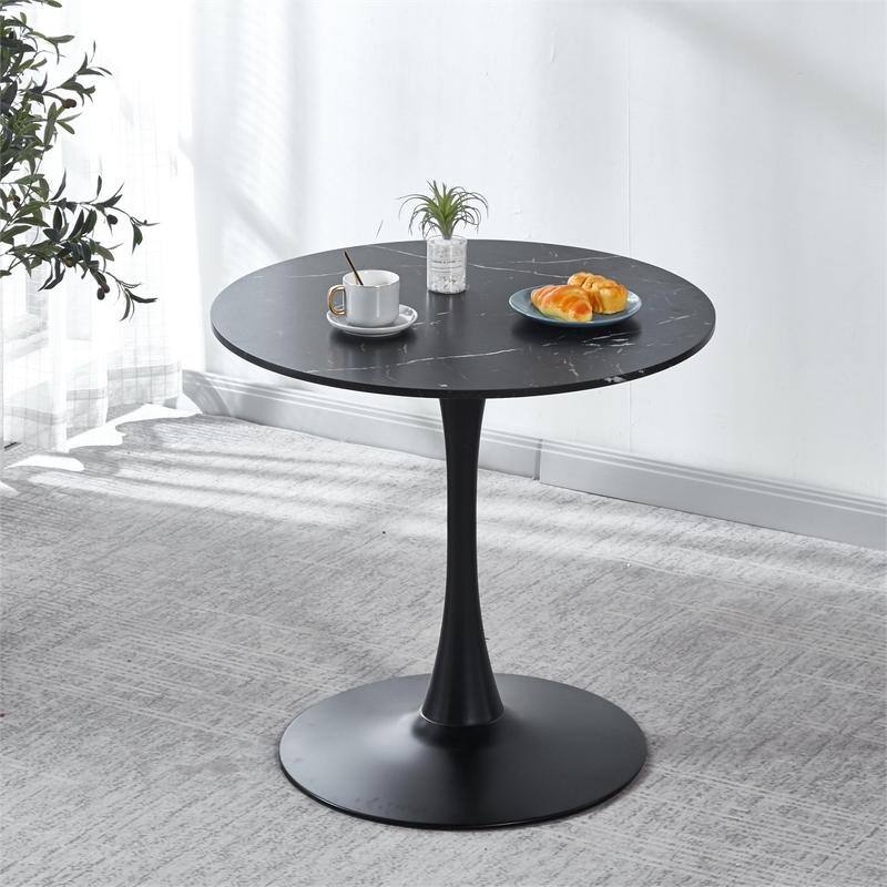 31.5" Tulip Dining Table With Round Marble Pattern Table Top for 2-4 People - Black